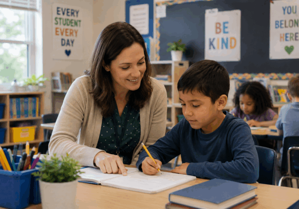 Teacher helps a student with writing at a desk in a classroom while other children work in the background.