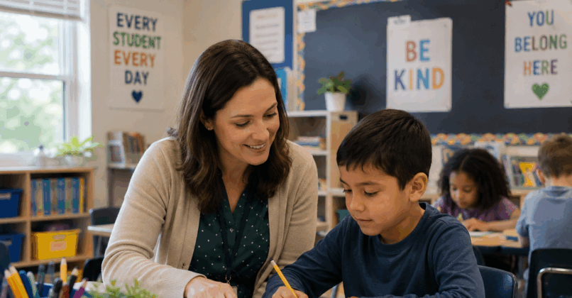 Teacher helps a student with writing at a desk in a classroom while other children work in the background.