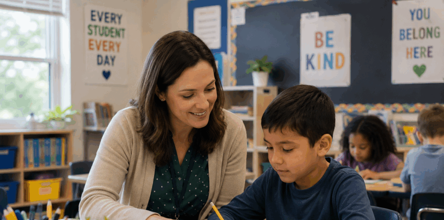 Teacher helps a student with writing at a desk in a classroom while other children work in the background.