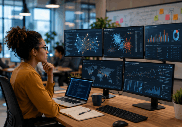 Women looking at data on monitors.