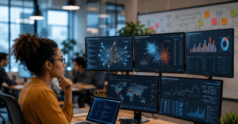 Women looking at data on monitors.
