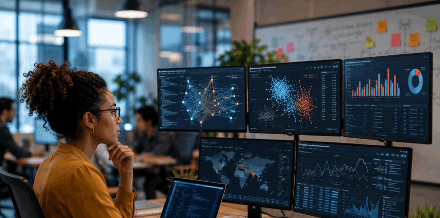 Women looking at data on monitors.