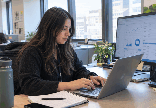 Woman typing on computer.