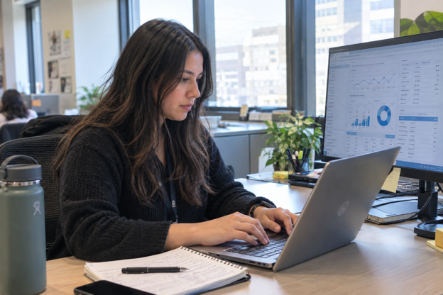 Woman typing on computer.