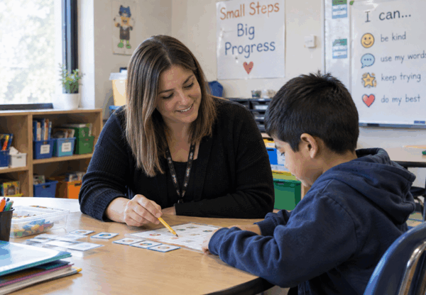 Teacher helps a student at a desk in a classroom.