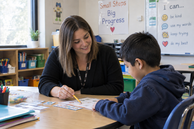 Teacher helps a student at a desk in a classroom.