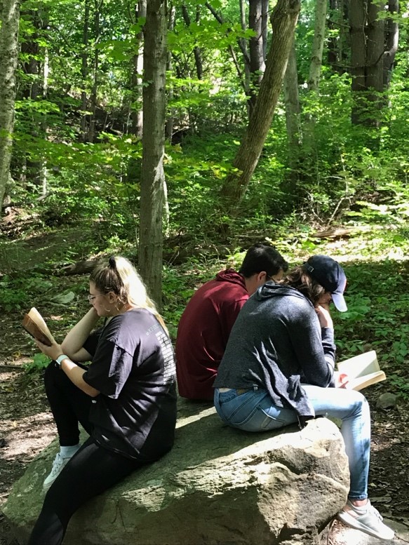 Students sitting on a rock reading books