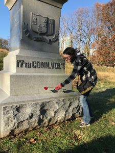 Pictured here: Cheyenne West pays respects to the 17th Connecticut Volunteer Regiment, mustered out of Bridgeport.