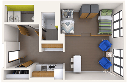3D image of 1-bedroom in Shafer Hall
