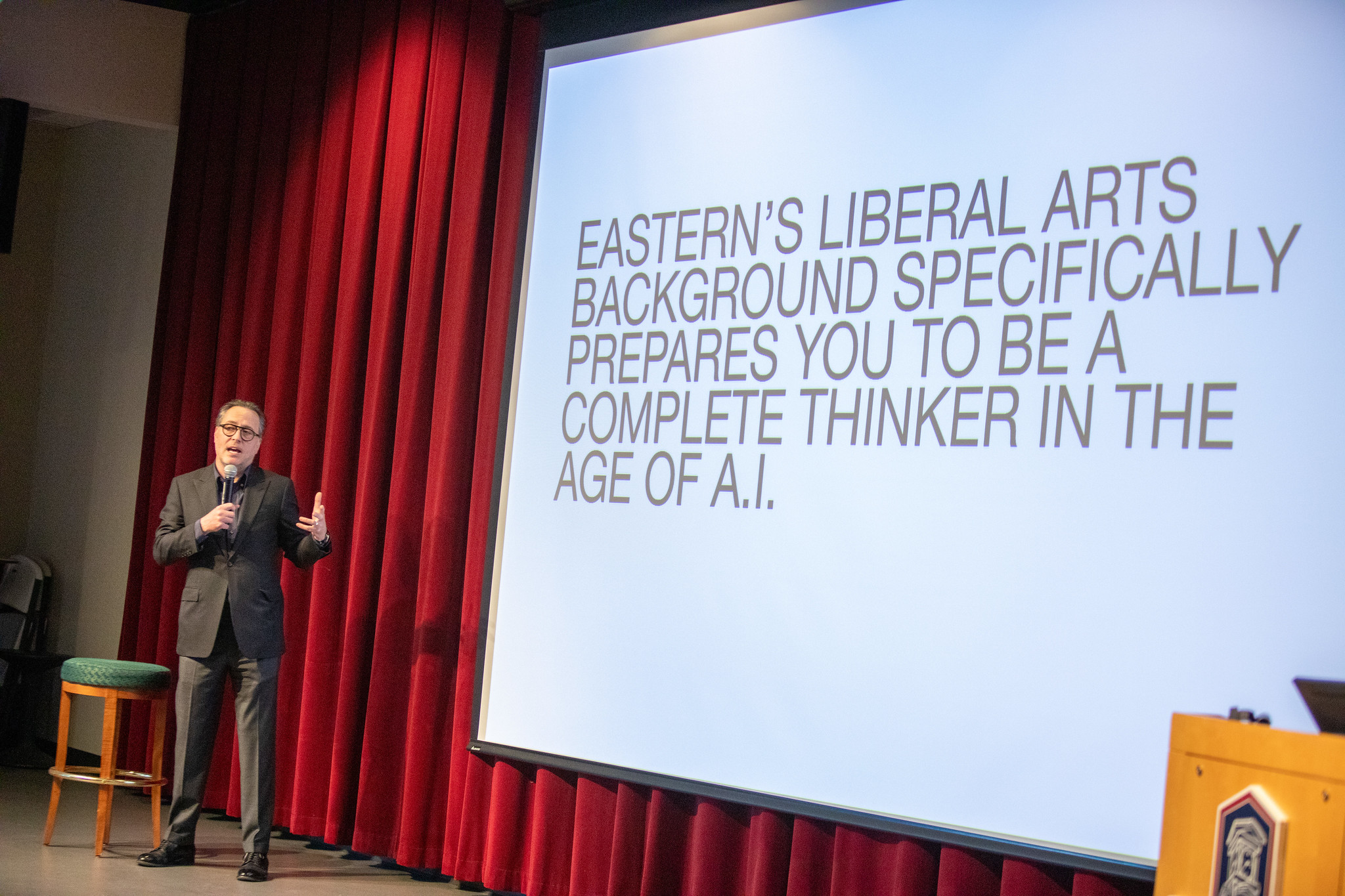 Speaker presenting on Eastern's liberal arts preparation for the age of AI