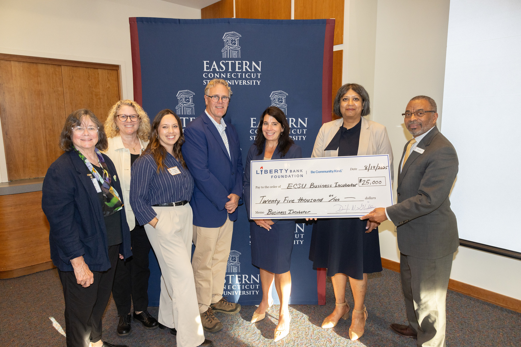 Liberty Bank Foundation presenting a $25,000 check for the ECSU Business Incubator
