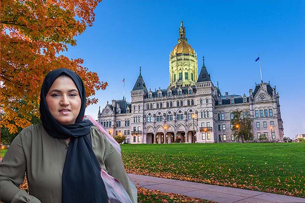 Photo of Maryam Khan in front of the Connecticut state capitol building