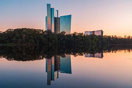 view of Mohegan Sun during sunrise