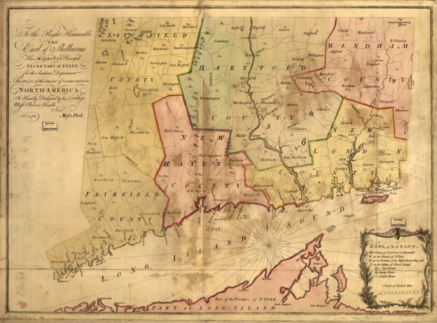 A map of the colony of Connecticut, 1766, drawn before the creation of Tolland County. 