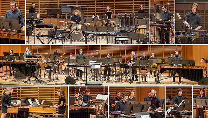 Multiple images of students playing percussion instruments