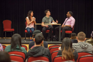 Actors from GTC Dramatic Dialogues perform in “Strange Like Me,” a series of skits about gender, race and LGBTQ issues. The skits kicked off Social Justice Week festivities.
