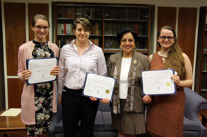 Award winners Malvina Pietrzykowski ’19, Kimberly Mines ’17 and Isabella Rossi ’17 with Eastern President Elsa Nunez