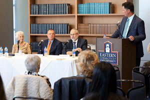 Charlotte Braziel, Shawn Meaike and Raymond Hill sit on a panel moderated by Interim Provost for Academic Affairs William Salka.