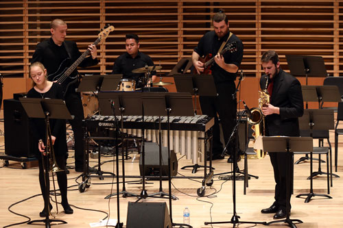 Students of the jazz combo “3 O’clock Band” perform in Eastern’s Concert Hall.