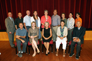 Staff and faculty who were honored for years of service and retirement. Front row, left to right: Drew Hyatt (20 years), Kristalyn Salters-Pedneault (10 years), Jutta Ares (retirement), Denise Bierly (25 years), Weiping Liu (retirement). Back row: Walter Diaz (20 years), Mohd Rujoub (20 years), Jeffrey Danforth (retirement), Angela Bazin (20 years), Rita Malenczyk (25 years), David Pellgrini (20 years), Kim Dugan (20 years), Theresa Severance (20 years), Michelle Bacholle (20 years).