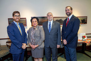 President Elsa Núñez with the 12th class of Eastern Fellows: Cody Guarnieri ’09, Larry Smith ’77 and Justin Piro ’05.