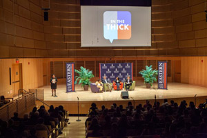 Eastern President Elsa Núñez introduces panelists for live recording of podcast “In the Thick.”