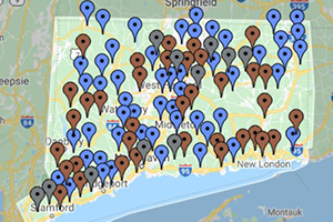 Map of Connecticut showing towns involved in Sustainable CT. 
