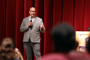 Jason Bartlett talking to students about being out in politics. 