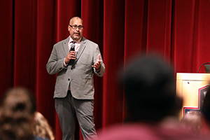 Jason Bartlett talking to students about being out in politics. 