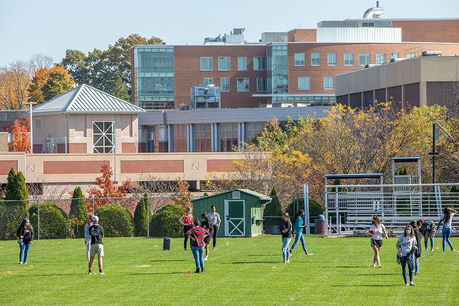 Students gather for class day at Nevers Field. 