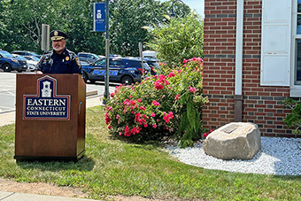 Police Chief Stephen Tavares speaking at podium