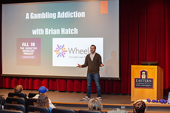 Brian Hatch, recovering gambling addict and sobriety peer specialist, speaks at Eastern's University Hour. 