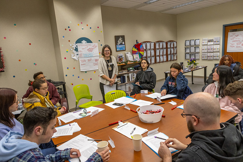 Dean Todd speaks with students