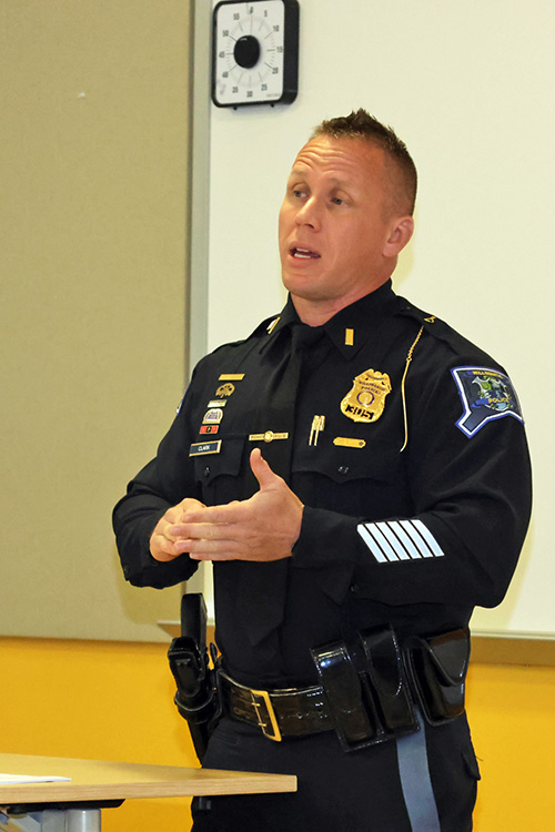 • Lt. Josh Clark of the Willimantic Police Department discusses his work with the first cohort of ESPS co-op students in the fall 2025 semester. 