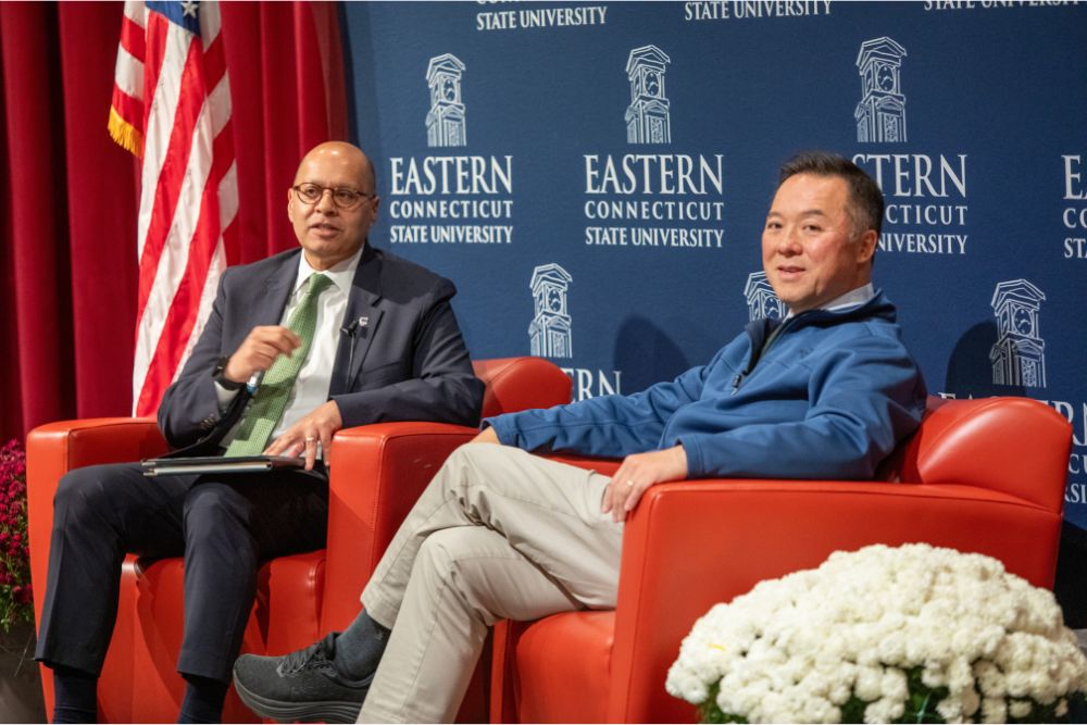 Eastern President Karim Ismaili (left) and Connecticut Attorney General William Tong