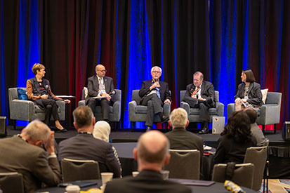 (L–R) Lynn Pasquerella, president of the American Association of Colleges & Universities (AAC&U); Karim Ismaili, president of Eastern Connecticut State University; Brian Rosenberg, president emeritus of Macalester College; Steven Poskanzer, president emeritus of Carleton College; and Pam Eddinger, president of Bunker Hill Community College.