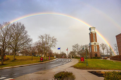 A double rainbow over Eastern's Foster Clock Tower.
