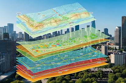 Geospatial diagrams display elevation maps, transit networks, and public green spaces.
