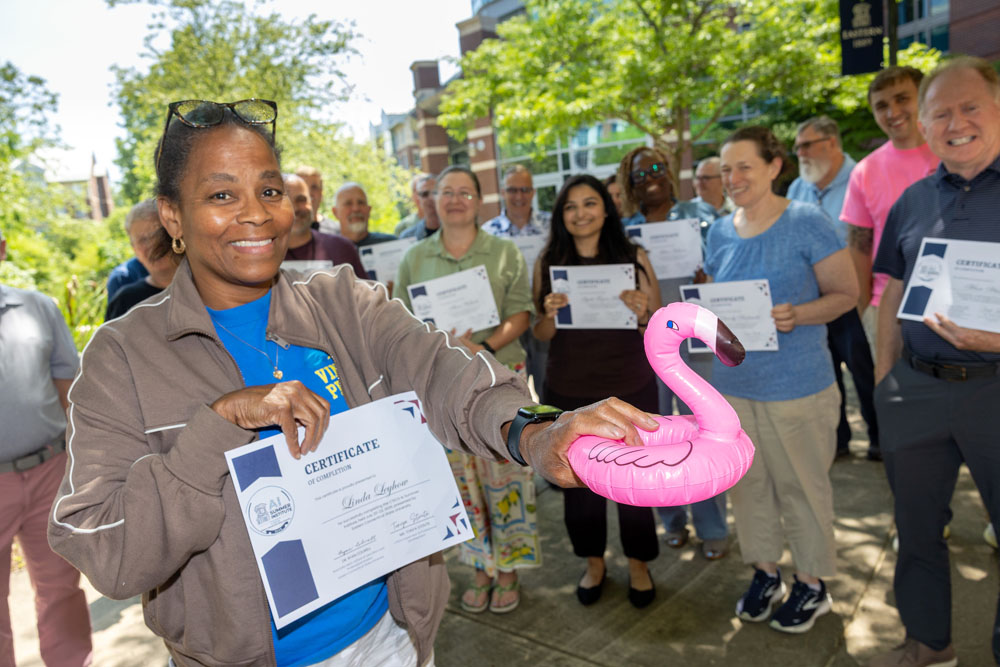 Linda Lehow, CTECS supervisor of Climate, Equity, and Title IX displays her Summer AI Institute completion certificate.