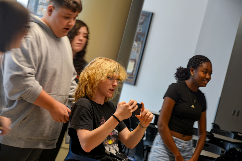 Students record their short film during "Intro to Filmmaking."