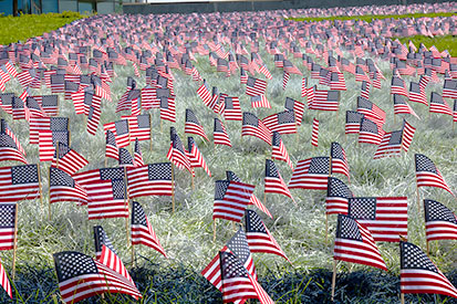 American flags are placed in Eastern's "E" at the Fine Arts Instructional Center Amphitheater.