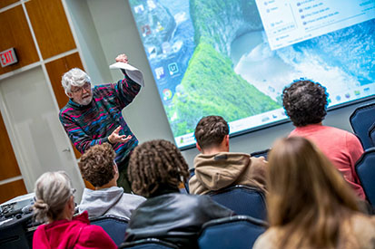 Communications, Film, and Theatre Lecturer John Murphy gives a lecture on censorship in broadcast media.
