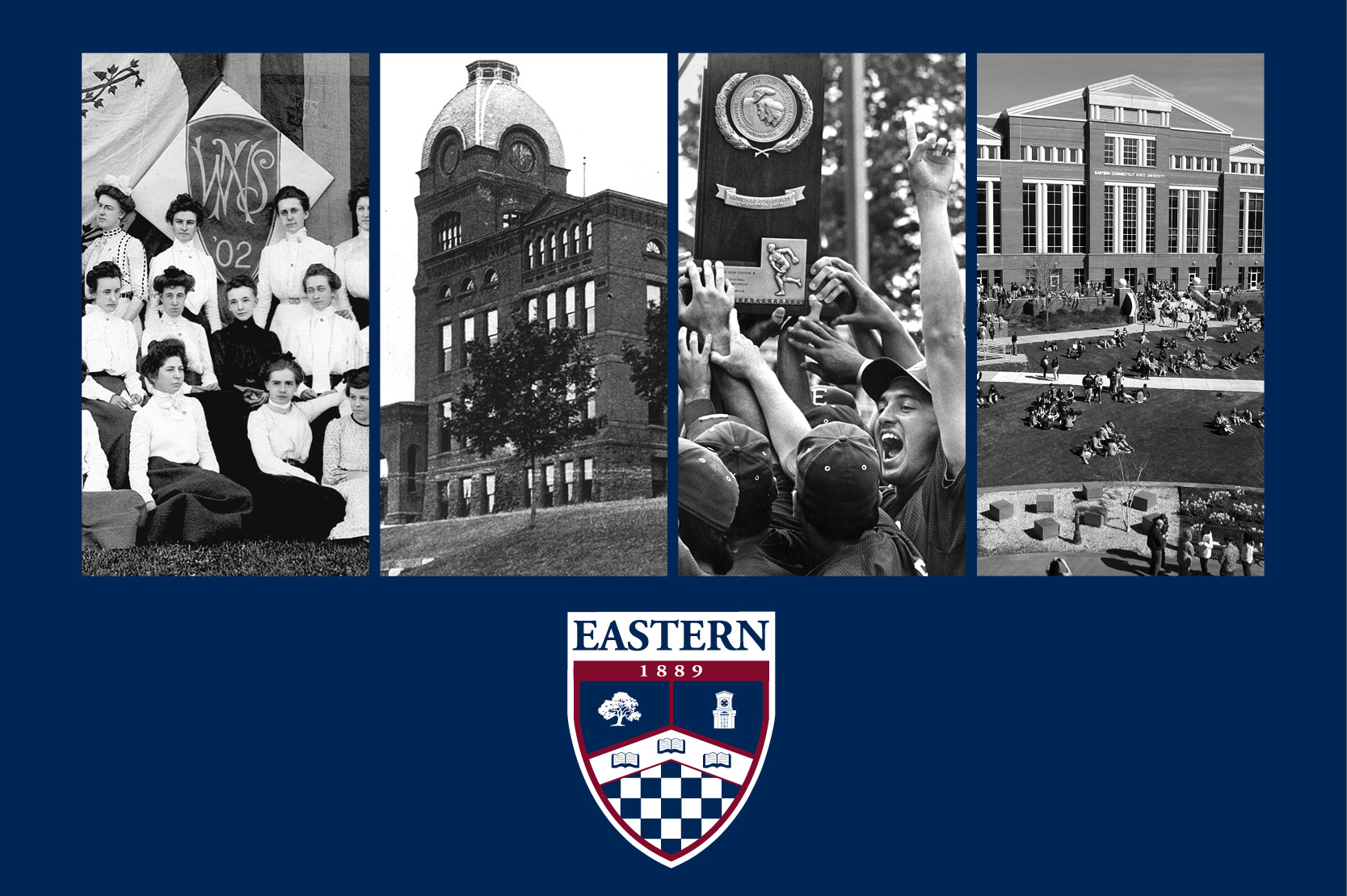 historical photos from Eastern's past and the Eastern crest on a blue background