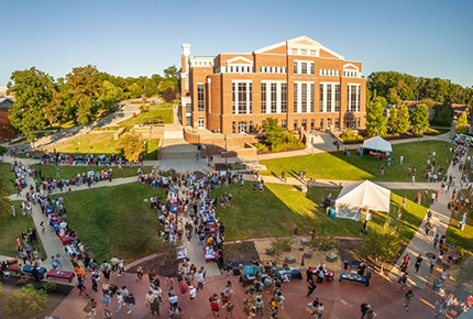 aerial view of students promoting clubs in the quad