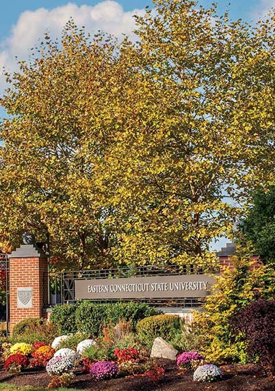 entrance to Eastern with spring foliage