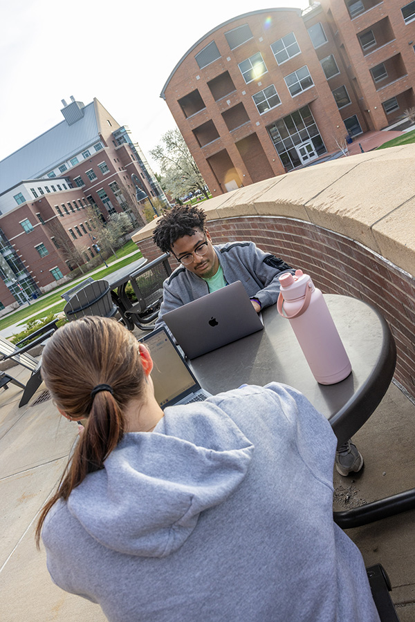 students studying outside the J. Eugene Smith Library during summer time